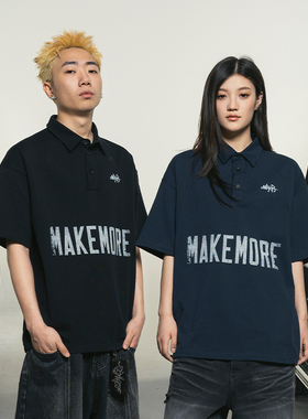 Makemore短袖男新款t恤重磅纯棉黑色破坏印花复古翻领polo上衣女
