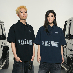 Makemore短袖 t恤重磅纯棉黑色破坏印花复古翻领polo上衣女 男新款