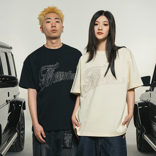 烫钻休闲高级宽松情侣上衣女 纯棉美式 Makemore短袖 t恤男2025新款
