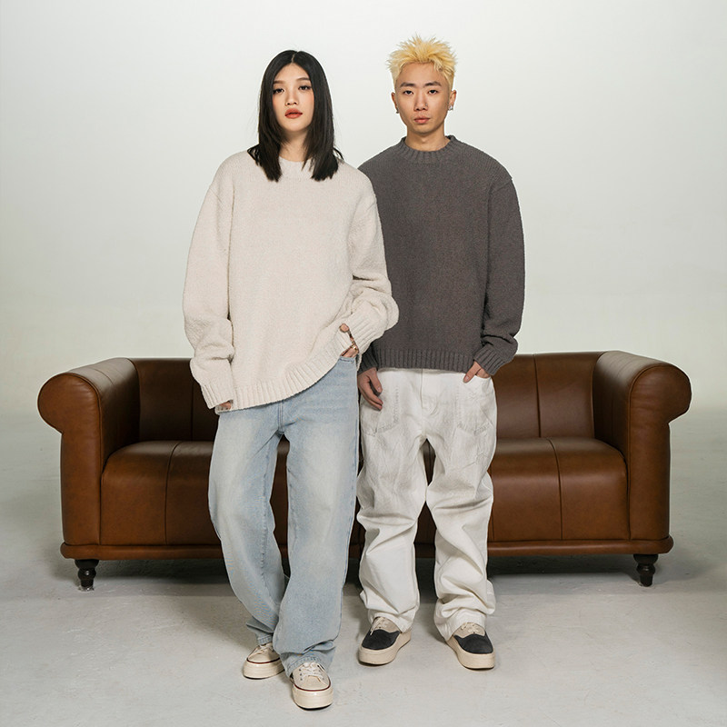 Makemore毛衣男春新款柔达肤棉美式圆领宽松高克重格雷系针织衫女