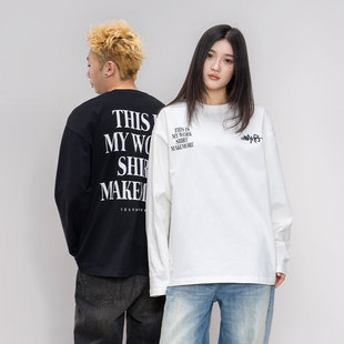 Makemore长袖 波浪字母印花新款 白色纯棉高级宽松情侣装 上衣 T恤男