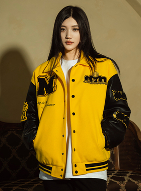 Makemore棒球服男春季新款黄色美式高级流行棉服翻领夹克外套女