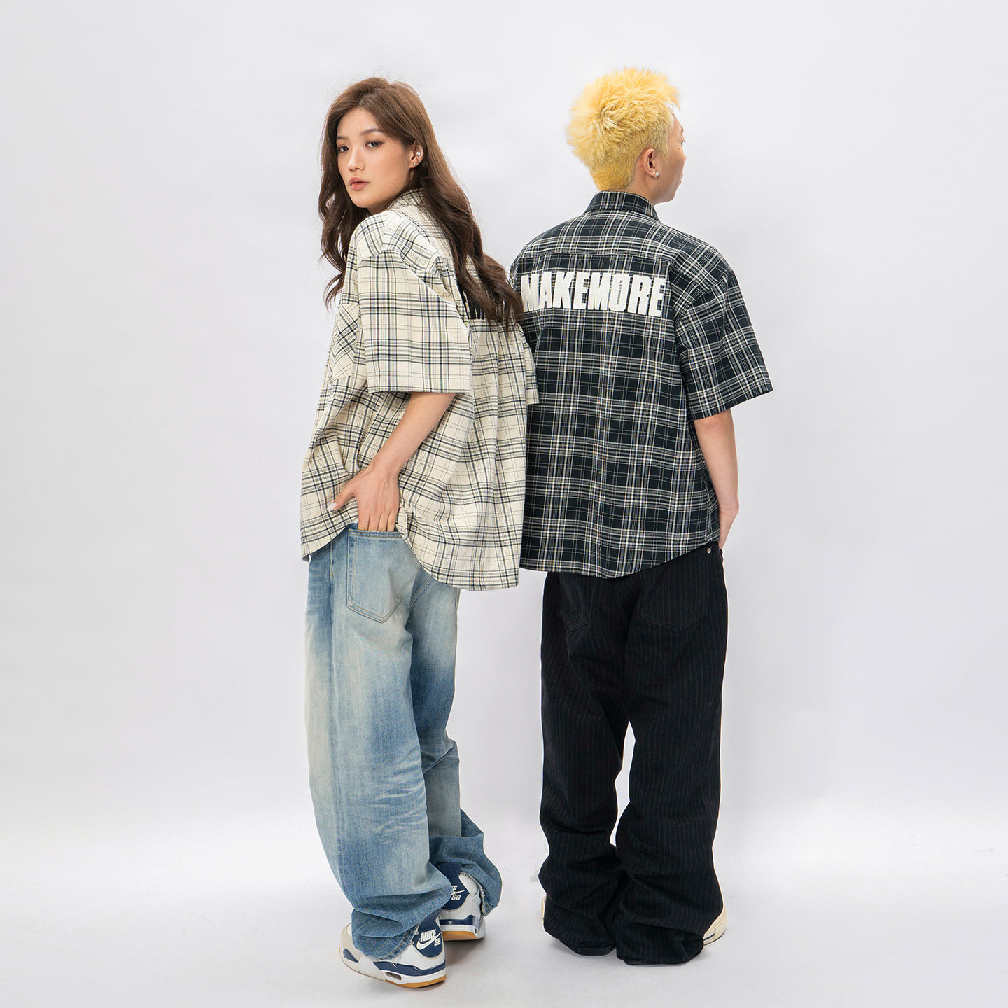 Makemore格子衬衫男绿松格调新款清爽少年高级纯棉休闲短袖外套女