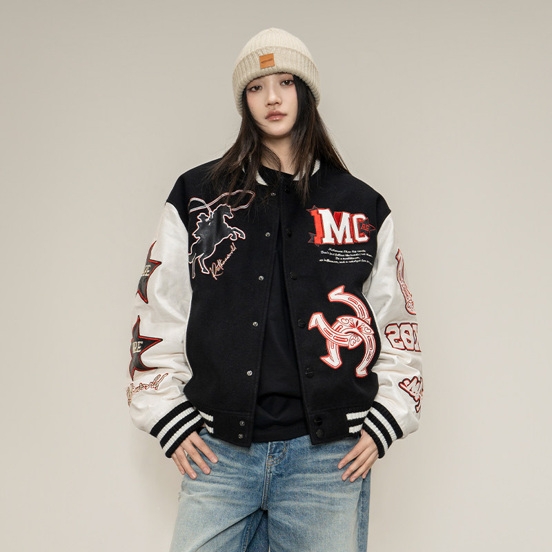 Makemore夹克外套男新款*珍珠贴皮绣马年限定美式复古重磅棒球服,男装,棒球夹克,淘宝优惠券,粉丝福利购,淘宝优惠卷