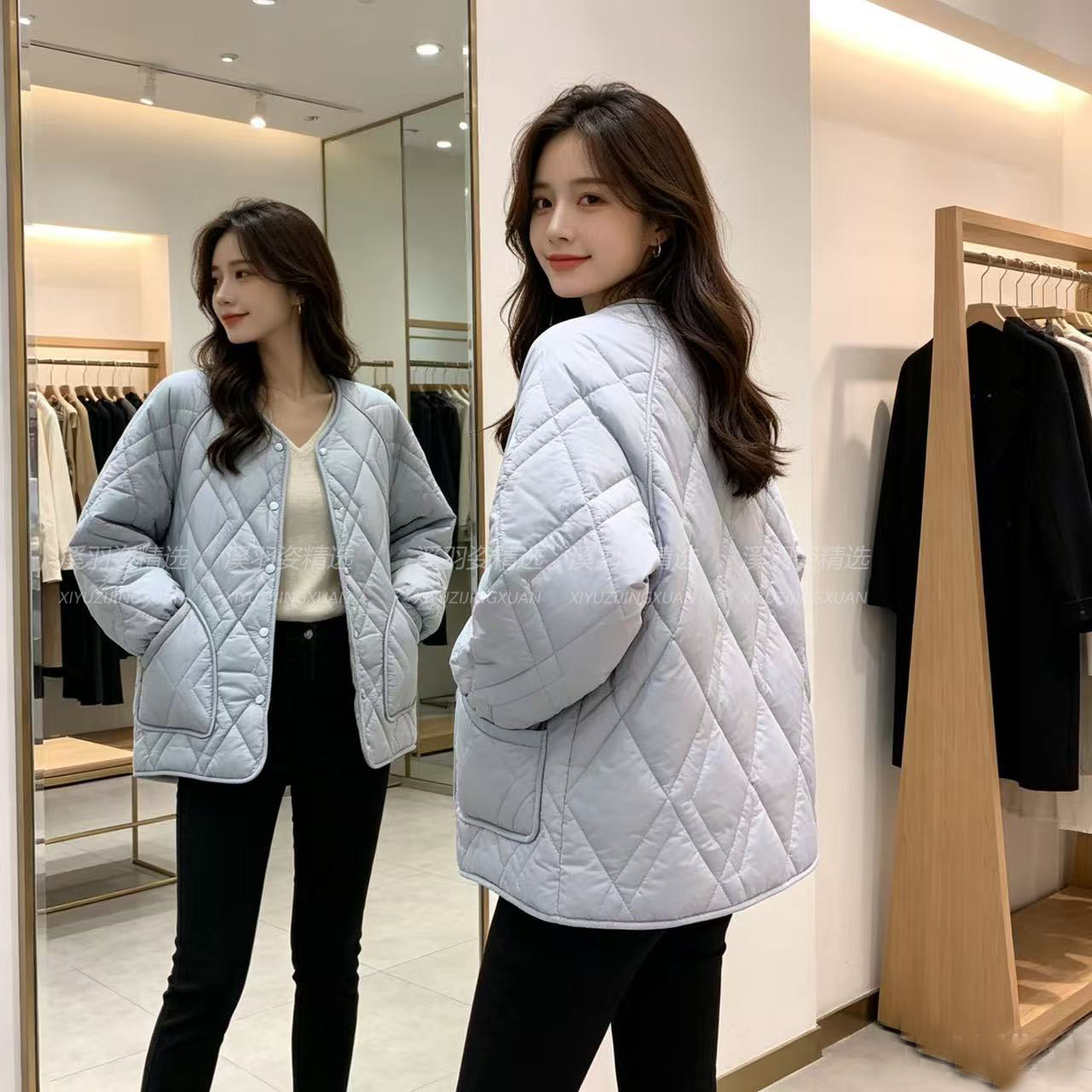 韩系爆款V领轻薄棉服女秋冬季保暖棉袄时尚夹棉插肩棉衣外套2702