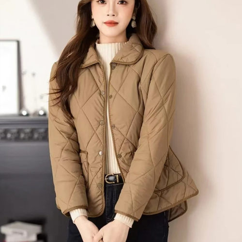 轻薄短款菱格翻领棉服外套时尚秋冬季百搭气质纯色新款女士棉袄