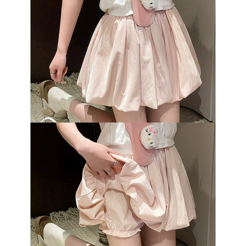 粉色花苞短裙女夏季高腰显瘦a字防走光南瓜裤小个子半身裙百褶裙