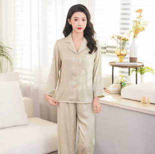 名媛醋酸缎面肌理提花长袖女高级感睡衣可外穿家居套装