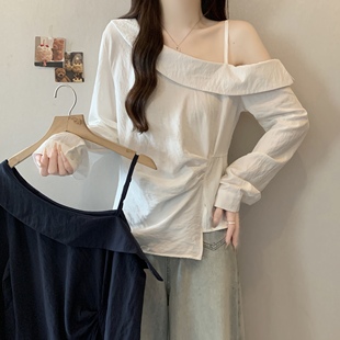 女收腰上衣5806 实拍大码 早秋2025新款 斜肩不规则长袖 衬衫