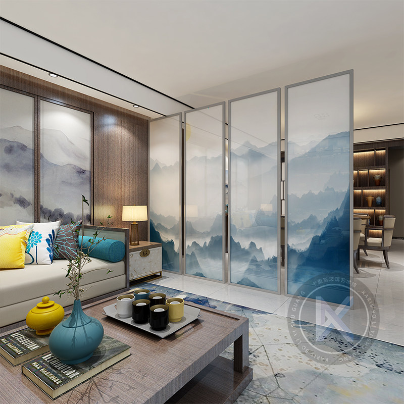 艺术玻璃屏风 隔断水墨山水画抽象意境夹丝玻璃夹绢 新中式隔断