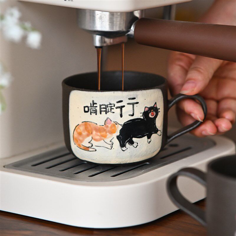 玺闻乐见个性陶瓷覆古咖啡杯创意可爱猫咪拉花杯小众萌趣情侣杯子