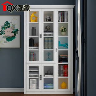 精选强象简欧书柜落地带门书架玻璃门书橱大容量储物柜收纳柜F-21