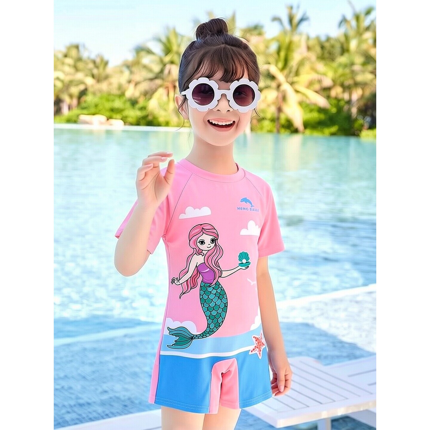 德国儿童泳衣短袖卡通中小童夏季泳游女童连体短袖沙滩套装女孩