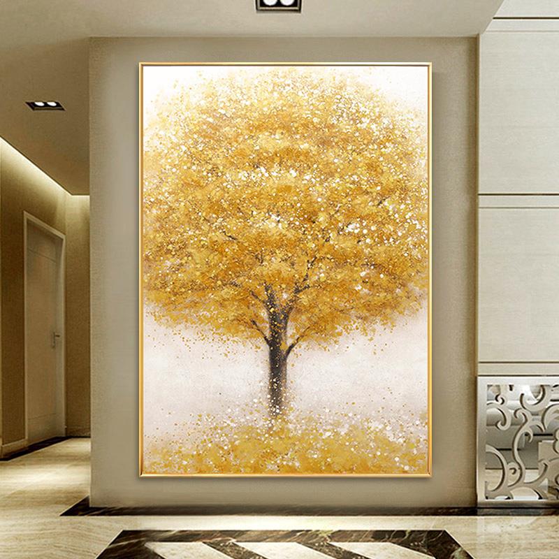 今年新品手绘油画抽象金色发财树玄关装饰画现代简约客厅背景墙轻图片