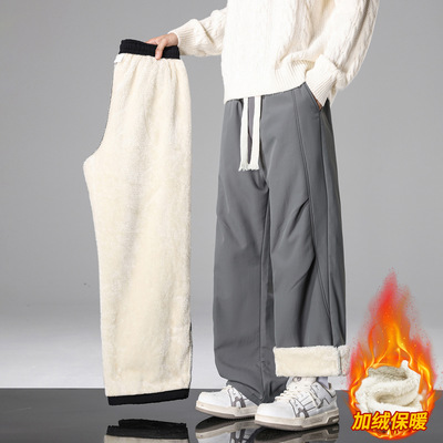 明星同款季羊羔绒长裤子男孩初中学生加绒加厚青少年大童直筒休闲