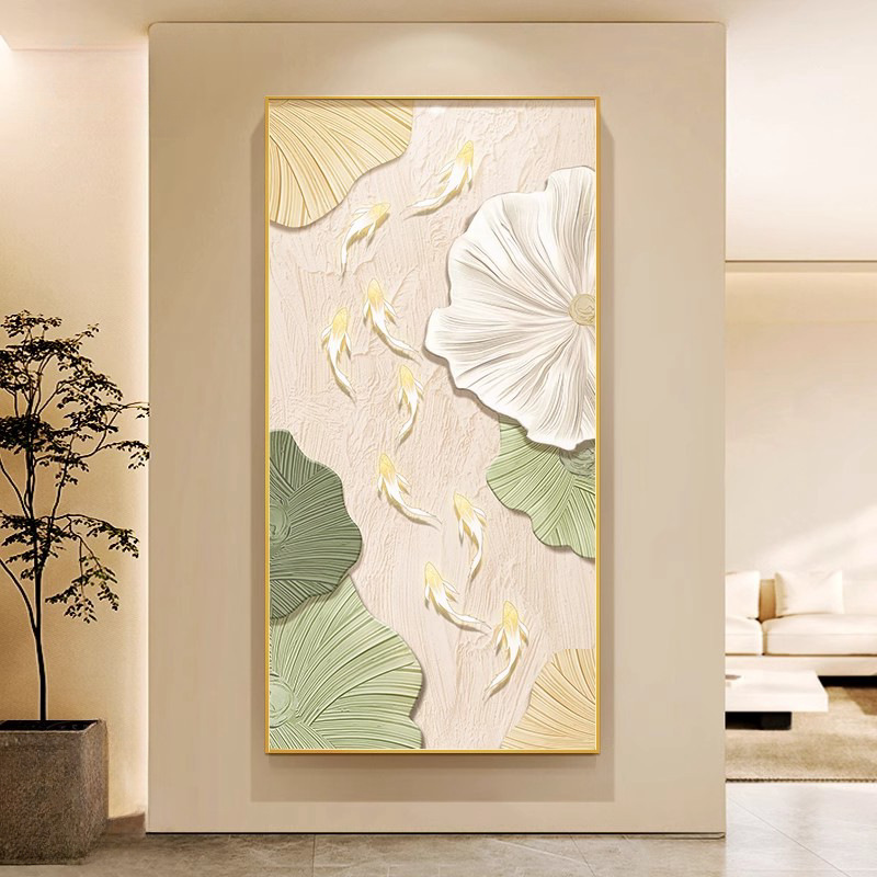撤柜新品北欧奶油风荷叶九鱼图入门玄关装饰画轻奢肌理高级感走廊图片