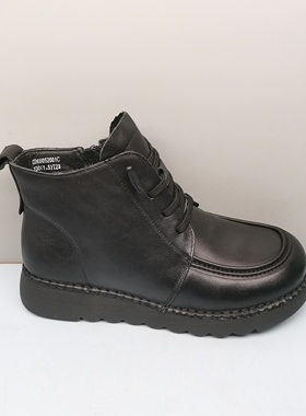 秋冬新款妈妈鞋女棉红蜻蜓正品CD68052001C时尚厚底真皮短筒靴女