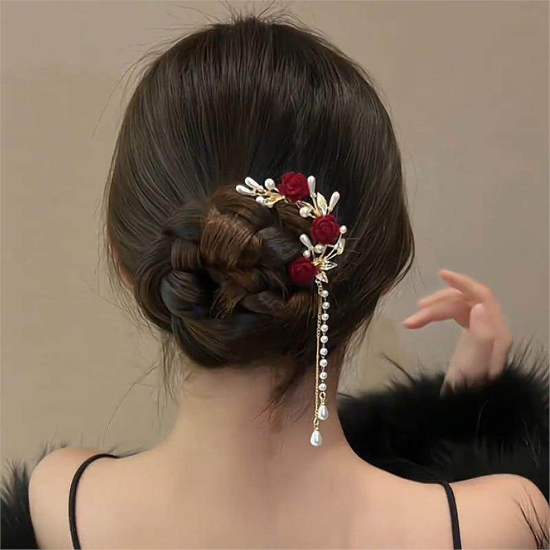 红色玫瑰花发簪女后脑勺盘发神器婚礼古风流苏发钗簪子头饰新中式