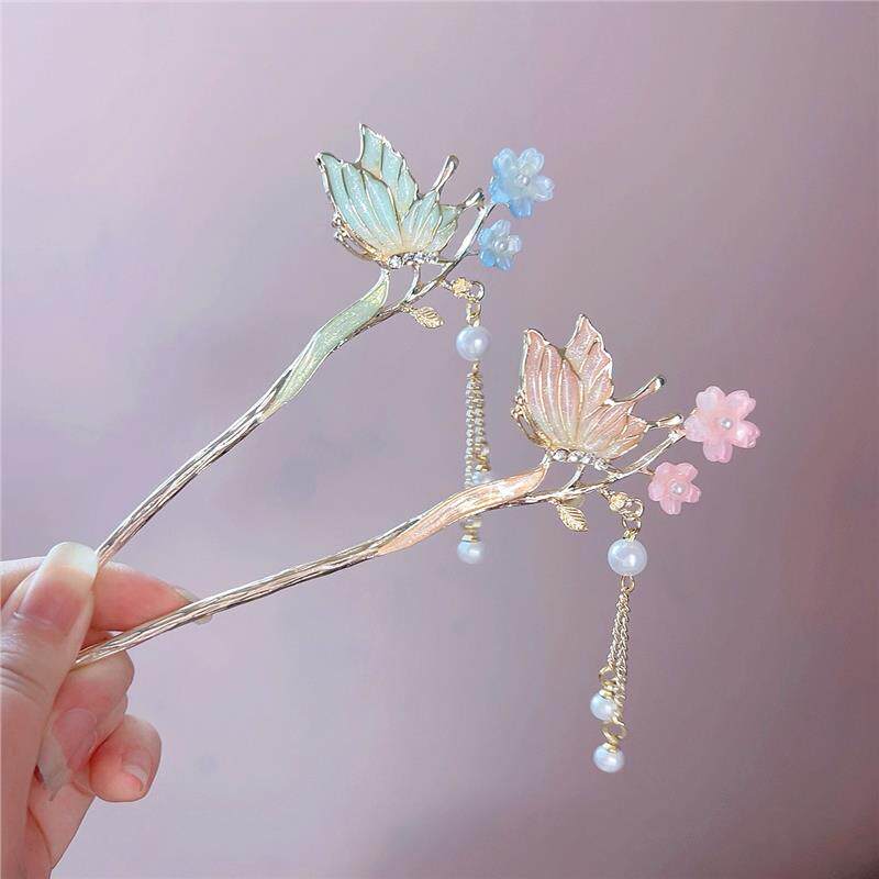 蝴蝶花朵发簪高级感珠珠流苏步摇女新中式小清新簪子古风挽发发钗