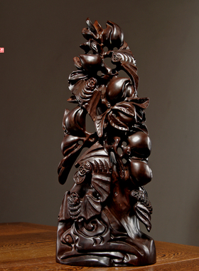 黑檀实木质雕刻五福临门葫芦摆件家居客厅玄关装饰红木工艺送礼品