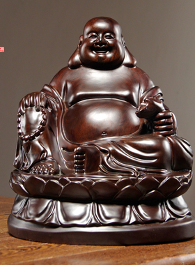 黑檀木雕弥勒佛像摆件实木坐莲笑佛家居客厅玄关装饰红木工艺礼品
