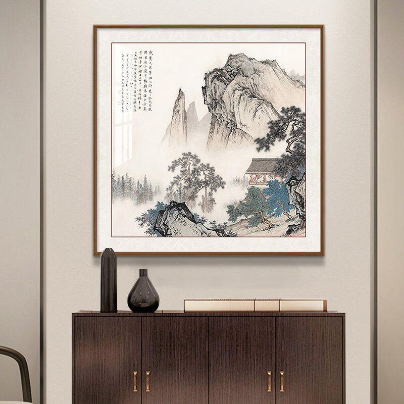 新中式入户玄关山水挂画万里长城多款斗方国画客厅实木框装饰画