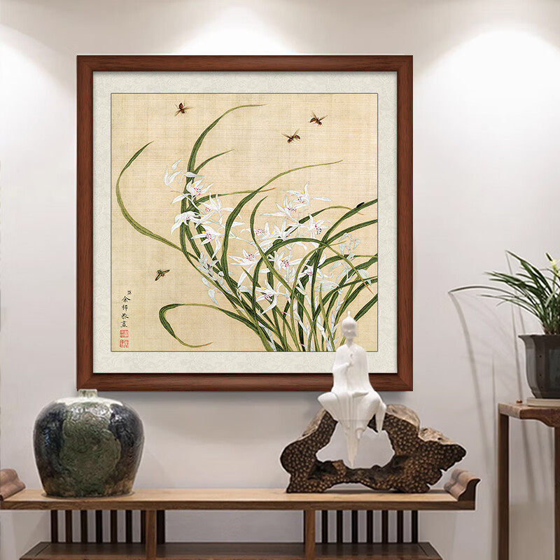 余樨花鸟国画斗方装饰画新中式客厅兰花荷花牡丹玉兰实木框墙壁画