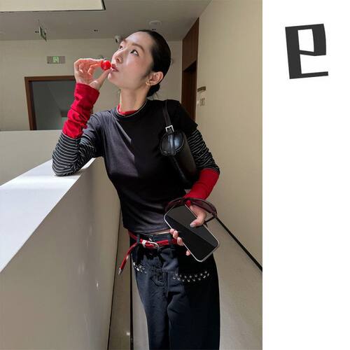 红黑显瘦打底假两件上衣T恤条纹