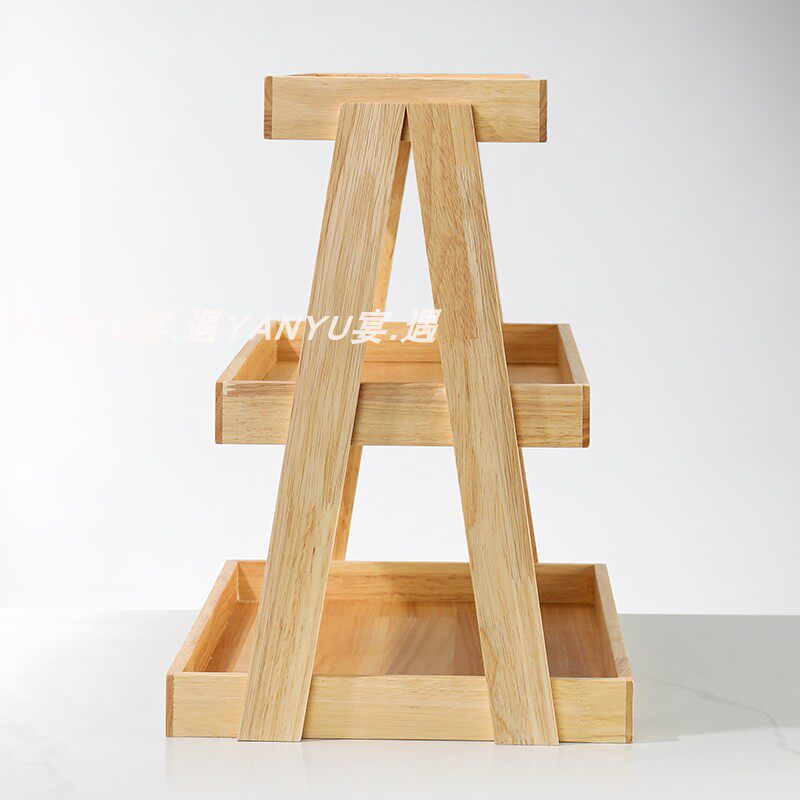 双层橡胶木托架果盘摆放零食架蛋糕面包烘焙展柜茶歇甜品展示架台图片