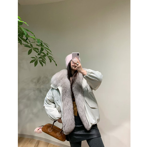 美一MEIYI进口狐狸毛皮草毛领外套90新国标白鹅绒中长羽绒派克服
