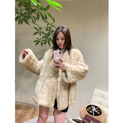 美一MEIYI进口獭兔奶茶双色晕染编织中长款皮草外套高级毛毛上衣