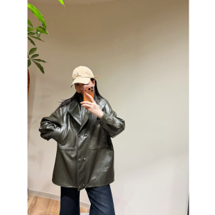 美一MEIYI 特价！极简廓形进口小羊皮立领真皮皮衣双层领子夹克女