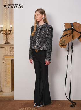 ARTE PURA2025秋季新品黑色皮带装饰蕾丝开衩喇叭长裤女修身