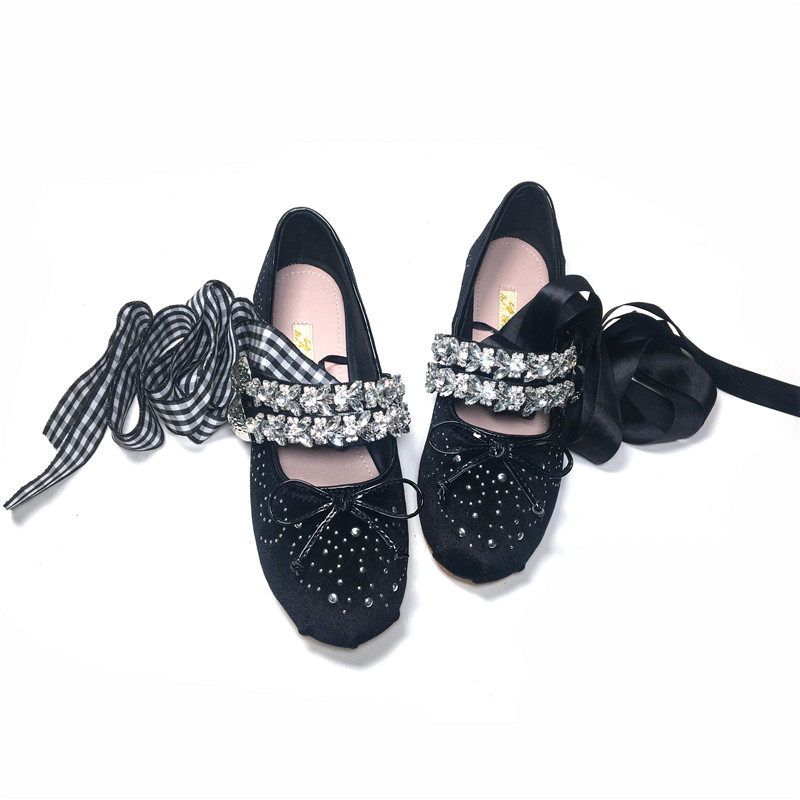 MIU BALLET STRAPS SUEDE SHALLOW RHINESTONE SINGLE SHOES FLAT BOTTOM NEW COMFORTABLE AND SOFT BOTTOM WOMENS SHOES WILD