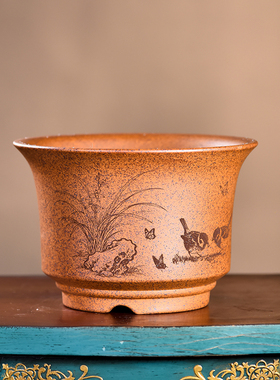 内径15.5*10.5特高温三次还原烧宜兴原矿紫砂龙骨金砂刻麻雀花盆