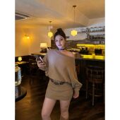 Bear 毛衣短裙纯欲风裙子 修身 Chili辣妹斜肩长袖 针织连衣裙女秋季