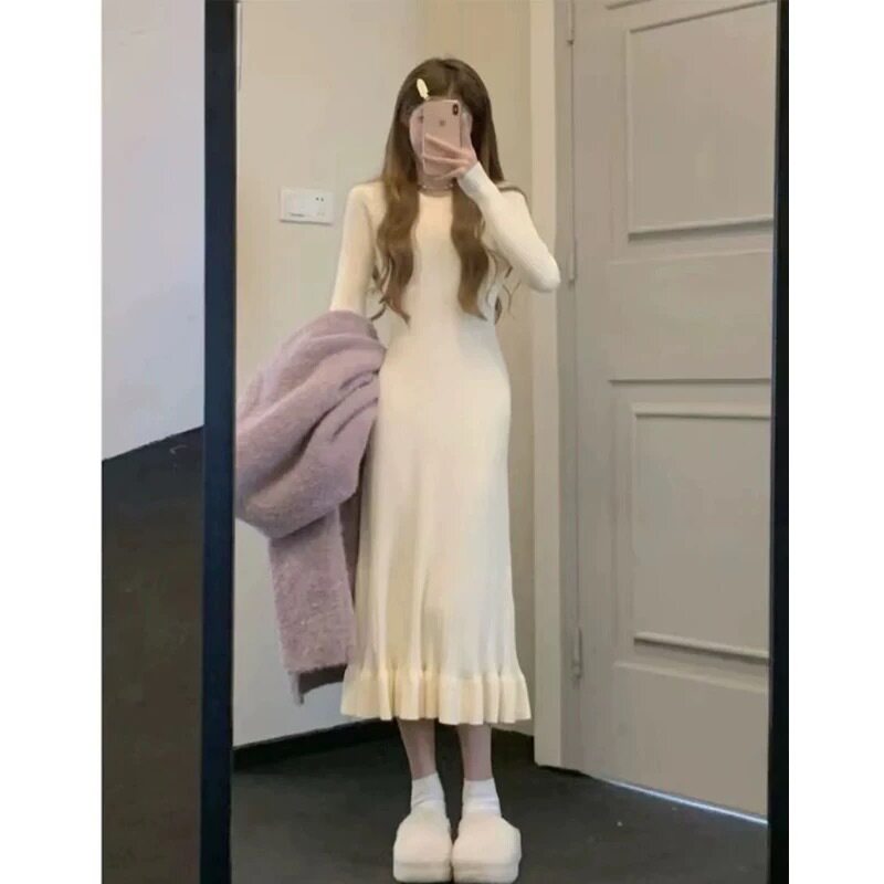 法式温柔气质针织连衣裙女春秋显瘦收腰内搭中长款打底包臀鱼尾裙