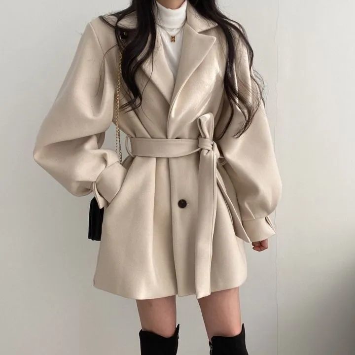 秋冬装小个子赫本风杏色毛呢外套女新款潮风衣中长款呢子
