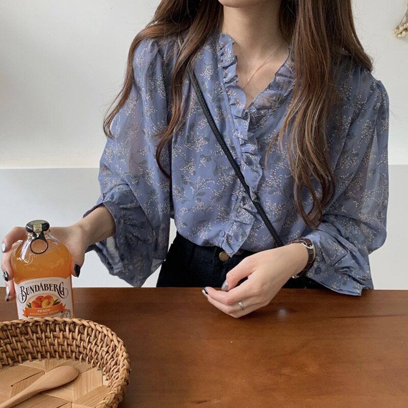 休闲新款韩版宽松休闲雪纺碎花长袖衬衫薄款洋气上衣女