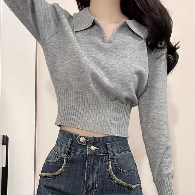 灰色Polo领针织衫女秋冬修身显瘦大衣内搭打底衫毛衣短款洋气上衣