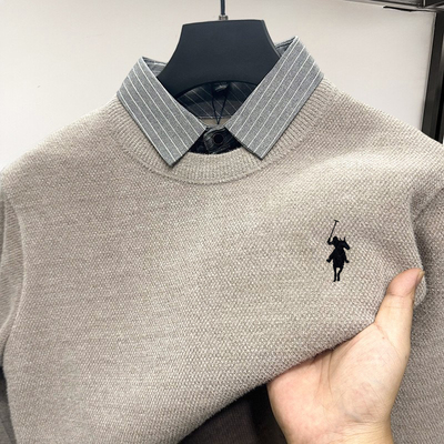 保罗乔里夫假两件针织衫衬衫领保暖一体绒加厚毛衣男士打底衫冬季