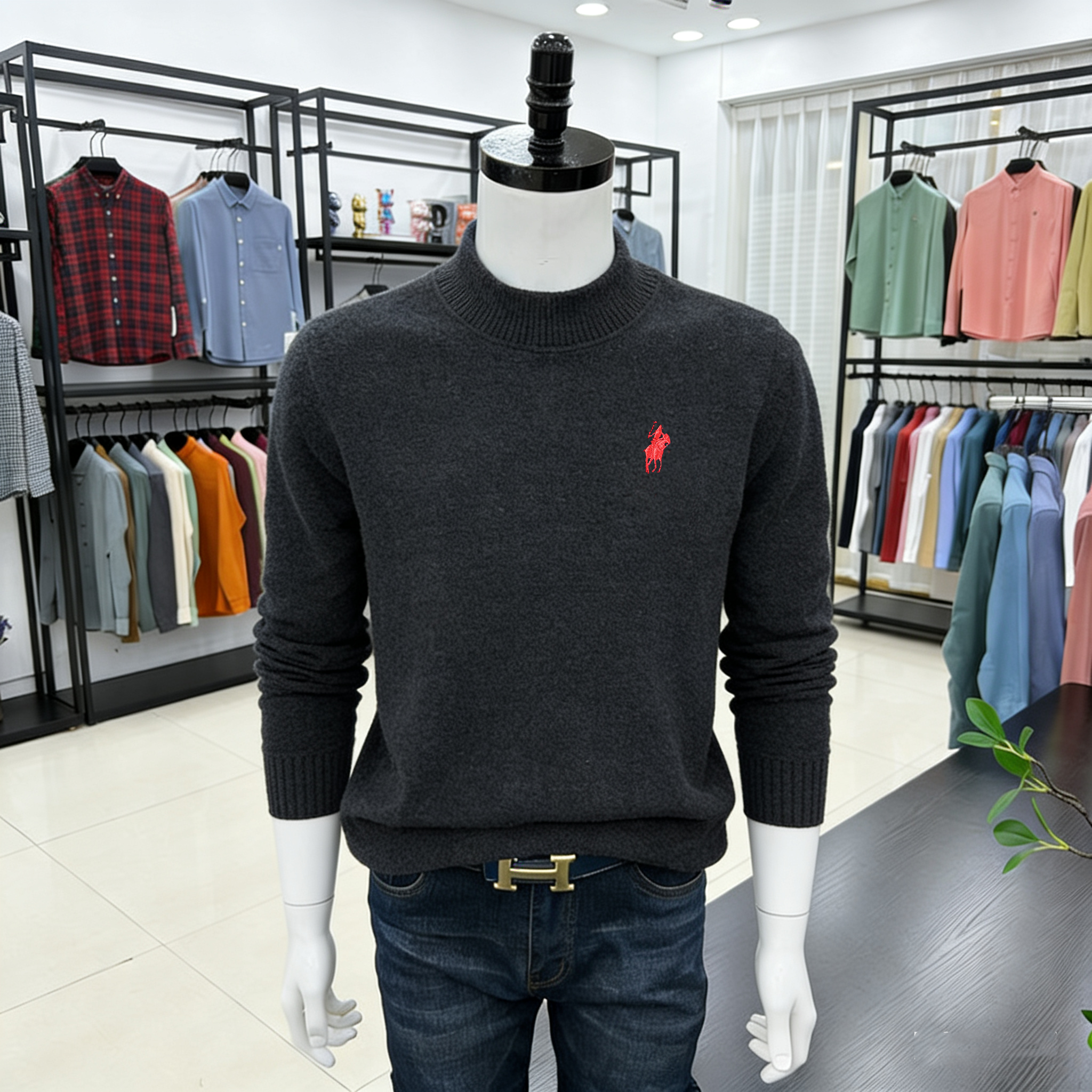 高端品牌刺绣保罗毛衣男秋冬季加绒加厚一体绒针织衫男保暖内搭潮