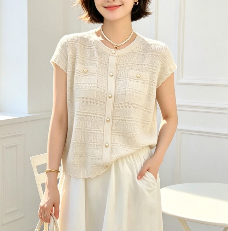 圣仕莲8685 显瘦圆领镂空飞飞短袖针织开衫女莱赛尔冰丝上衣T恤衫