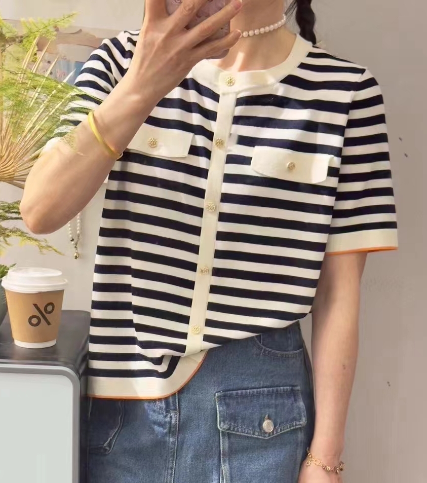圣仕莲8000 显瘦冰丝薄款气质小香风针织衫天丝棉条纹短袖上衣女T