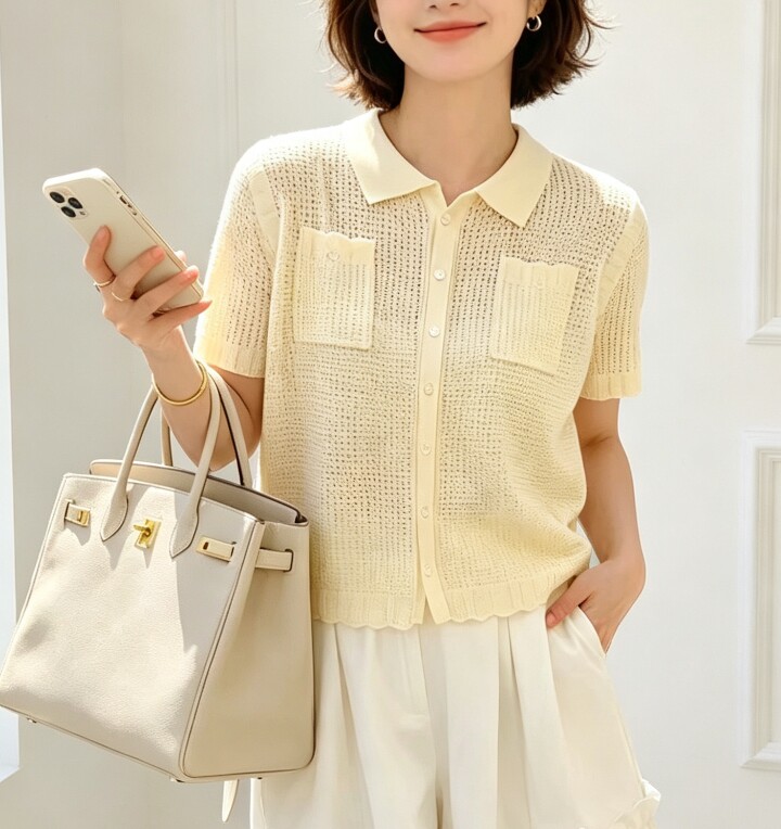 圣仕莲8691 简约翻领短袖针织开衫女莱赛尔冰丝显瘦上衣防晒外搭T