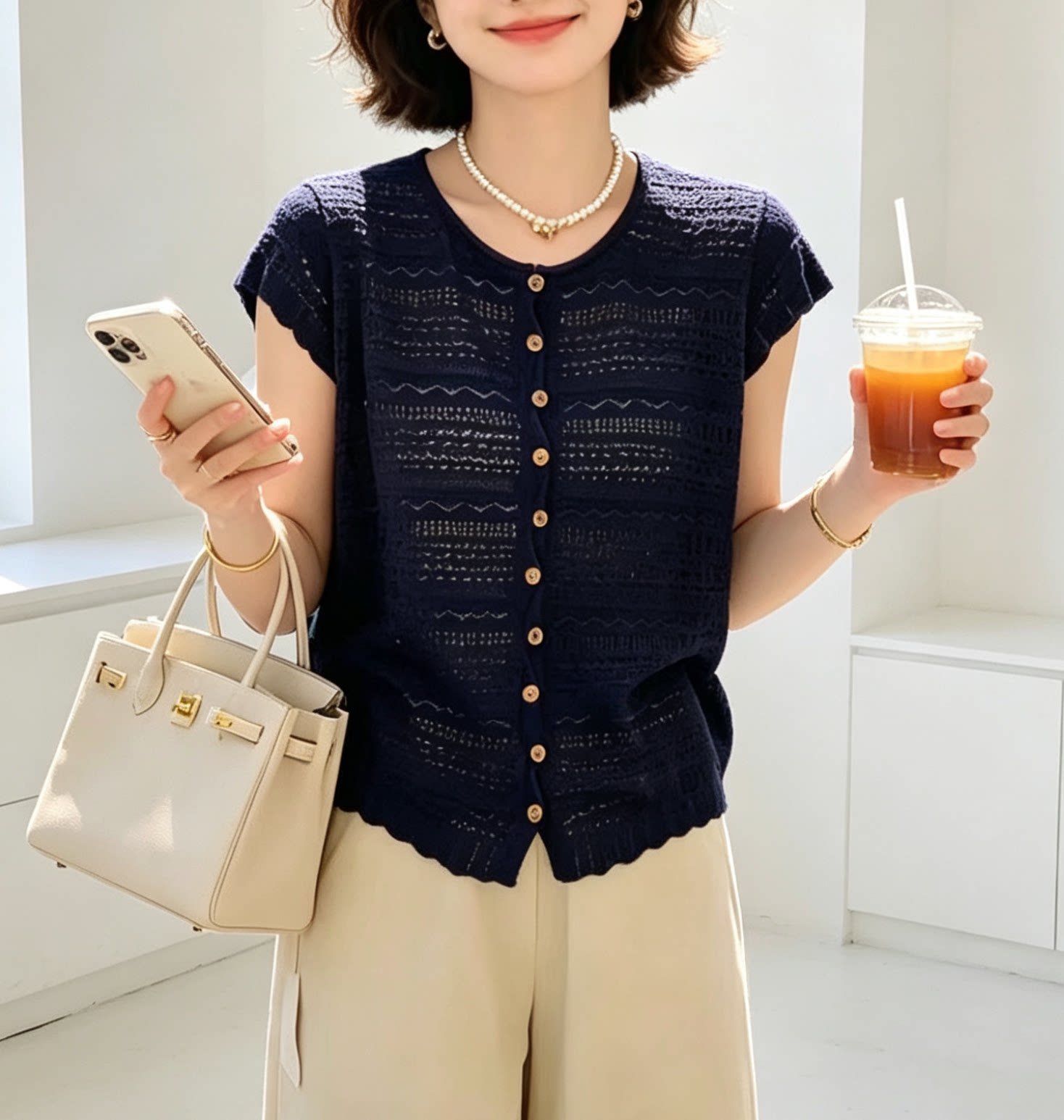 圣仕莲8702 显瘦圆领镂空短袖针织开衫女莱赛尔冰丝上衣防晒外搭T