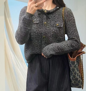 女花线毛衣打底衫 上衣 显瘦钉珠圆领小香风套头针织衫 圣仕莲8472