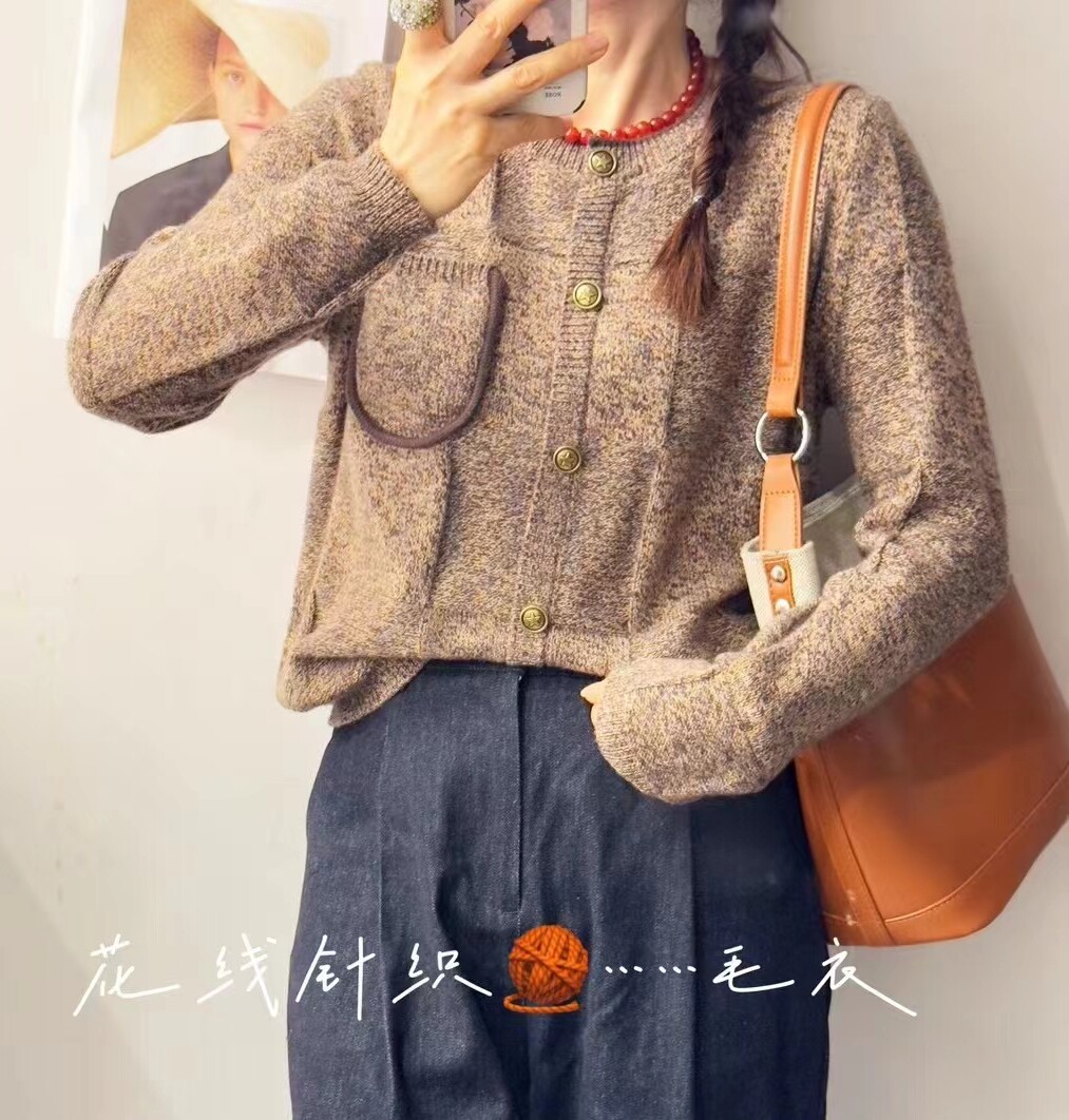 圣仕莲8183 小香风花纱套头针织衫宽松单排扣显瘦女打底毛衣上衣T