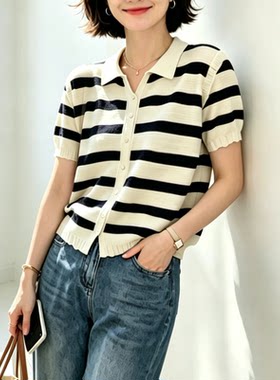 圣仕莲8630 显瘦翻领条纹针织衫女莱赛尔冰丝短袖上衣T恤POLO衫