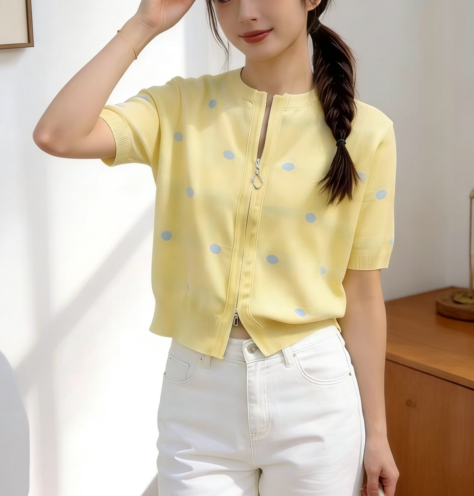圣仕莲8591 显瘦圆领波点拉链针织开衫女莱赛尔冰丝短袖上衣外搭T